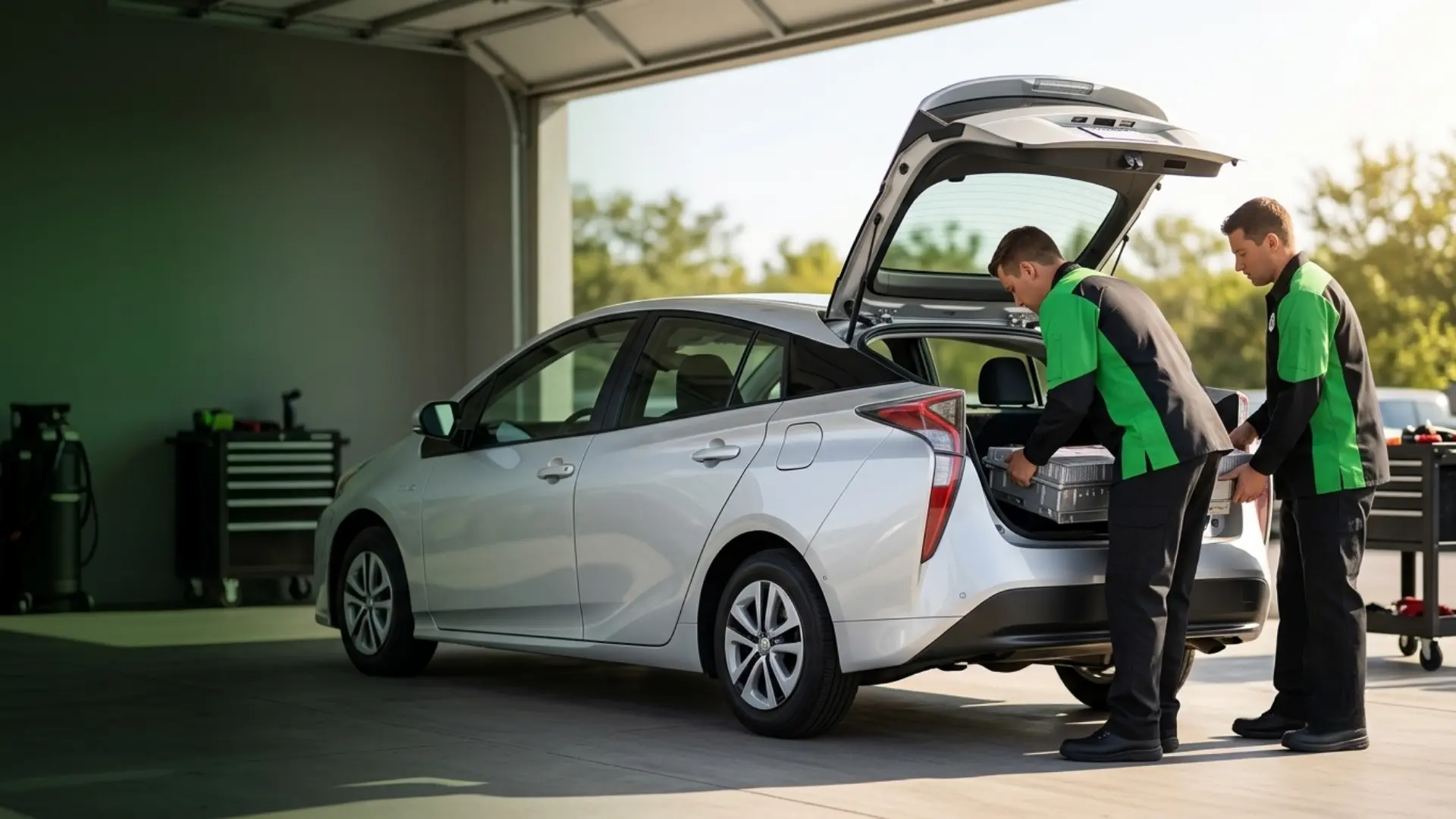 Technician-installed hybrid battery pack at a Bay Area repair shop